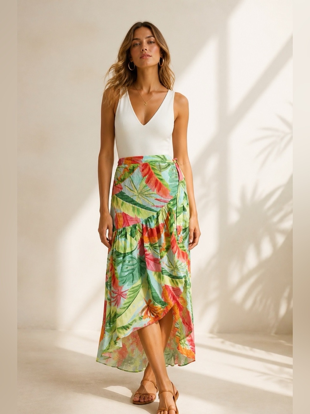 Rachel Roy Tropical Leaf Print High-Low Wrap Maxi Skirt Ruffle Hem